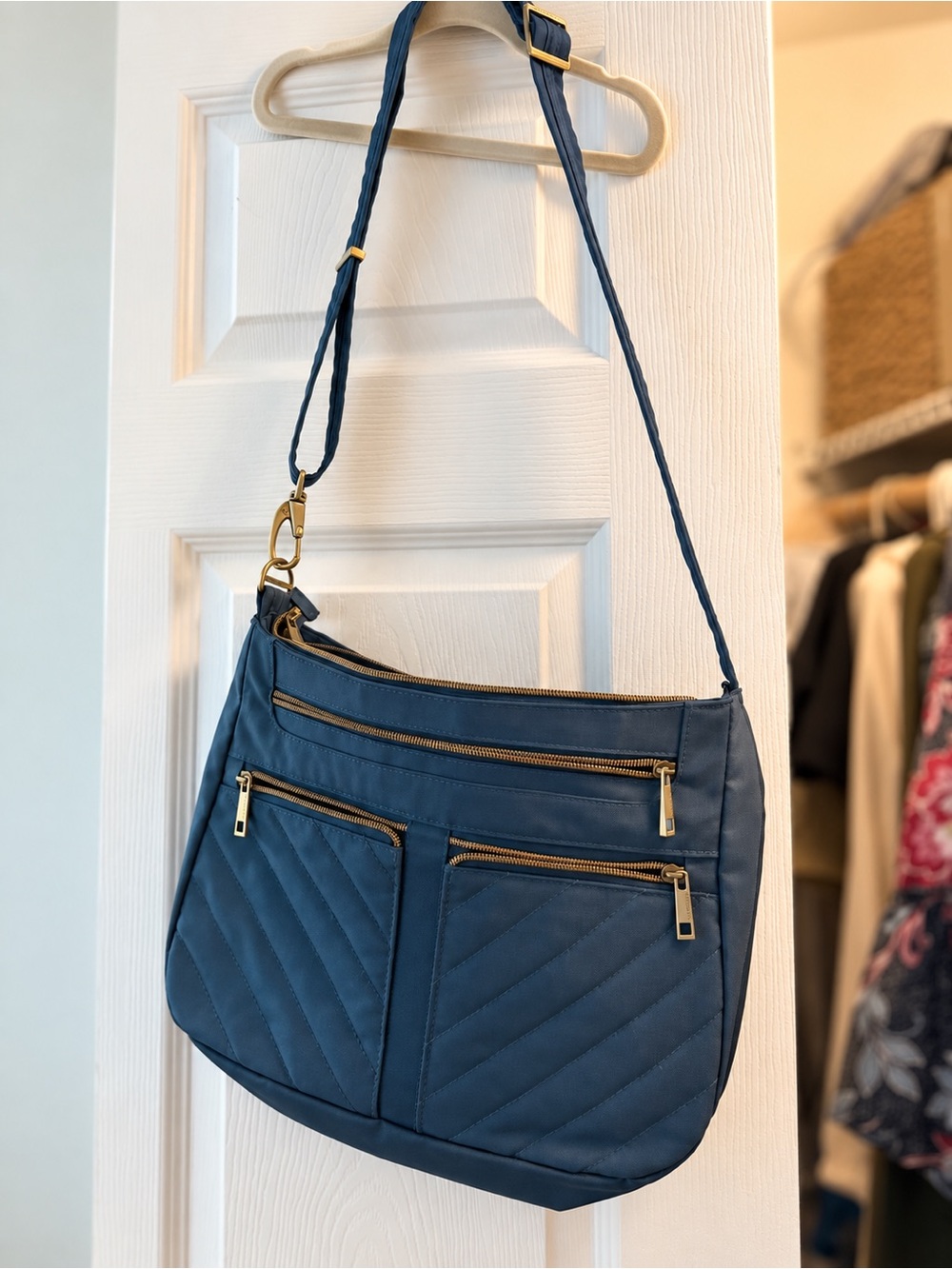 Travelon Quilted Navy Blue Crossbody Bag with Gold Hardware & Matching Pouch